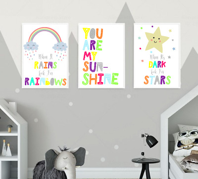 3 Personalised Prints Cute Rainbow Cloud Nursery Wall Art Decor Pictures Baby Decoration Furniture - Baby Wall Art Decor