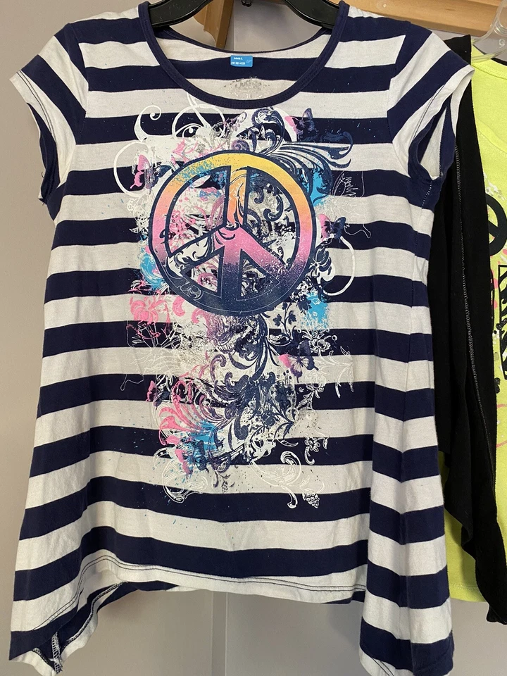 Girls Sz 10 Justice Tee Shirt LotTop Blue & White Stripe/green &black vest Top - Image 2 of 4