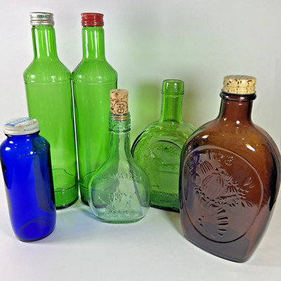 Lot 6 Green Brown Blue Glass Bottles Vtg Holland House Bromo Log Cabin Etc 6-11''