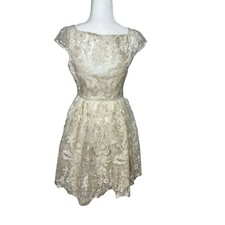 LULU'S Beaumont Ivory Metallic Embroidered Skater Mini Dress Party Sz Small