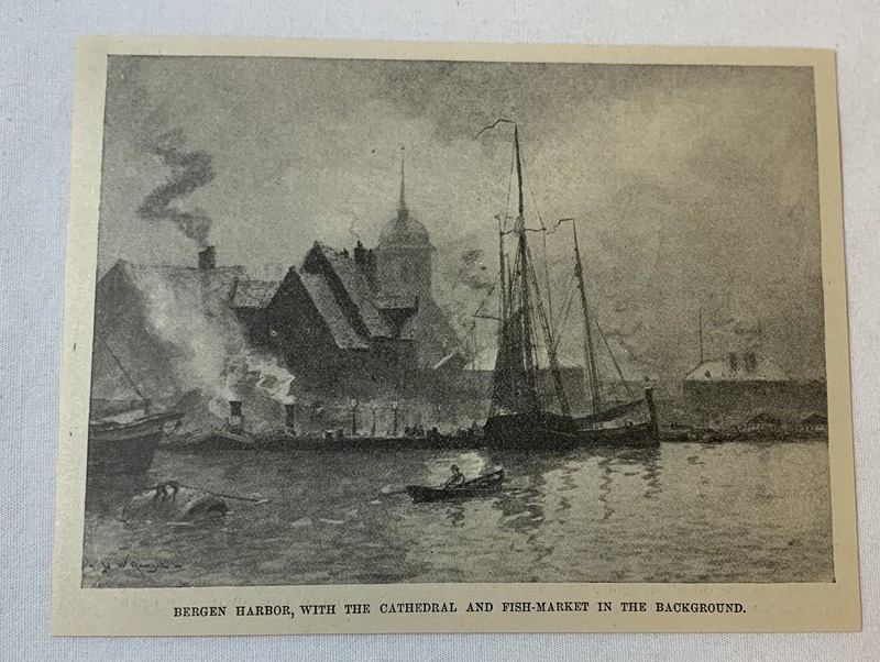 1889 magazine engraving ~ BERGEN HARBOR, CATHEDRAL AND FISH MARKET Norway