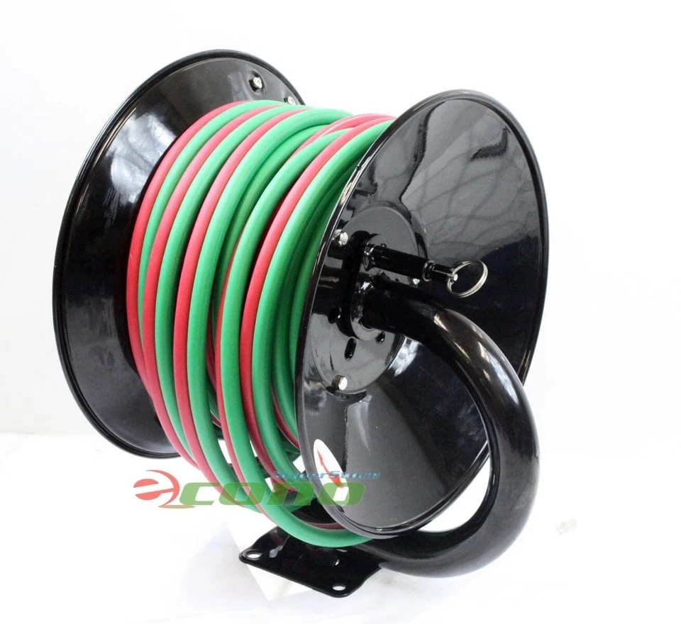 Montaje de carrete de manguera de soldadura manual de 100 pies con mangueras de soldadura de doble oxiacetileno 300 psi 100' Foto 2 de 4