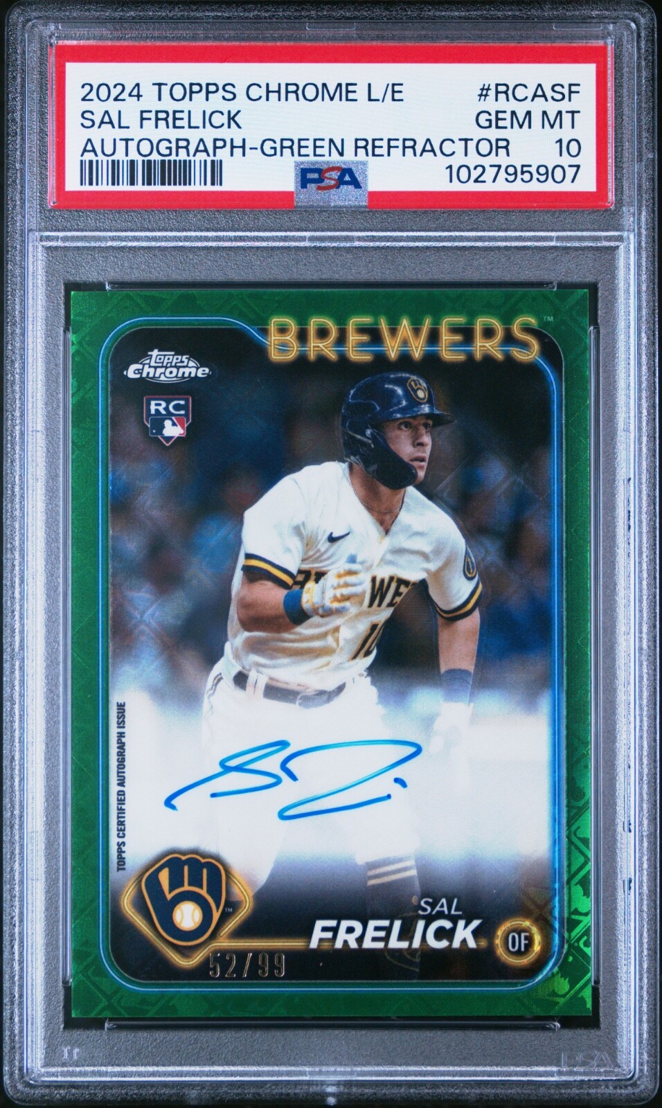 2024 Topps Chrome Logofractor Sal Frelick Green Refractor Auto /99 Rookie PSA 10