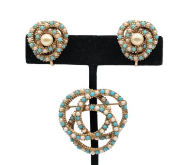Ciner Brooch & Clip Earrings Gold Tone W/ Faux Seed Pearls & Turquoise