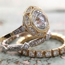 Geometric Valentine Gifts Ring Set 2 Ct CZ Wedding Ring Trio Set Gold Plated