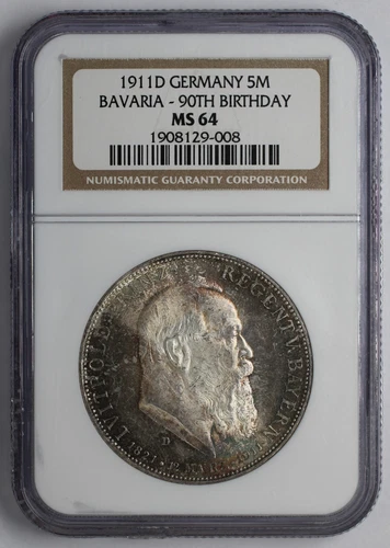 1911 D Germany Silver 5 Mark Bavaria 90th Birthday NGC MS 64