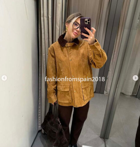 ZARA NEW WOMAN COMBIN. 100% SUEDE LEATHER JACKET WITH PLEAT CAMEL 4341/755/707 - Picture 2 of 4