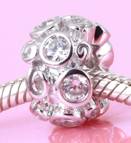 SOLID Sterling Silver Swirl Bead with 8pcs Big Sparkling Cz For Charm Bracelet - Foto 1 di 4