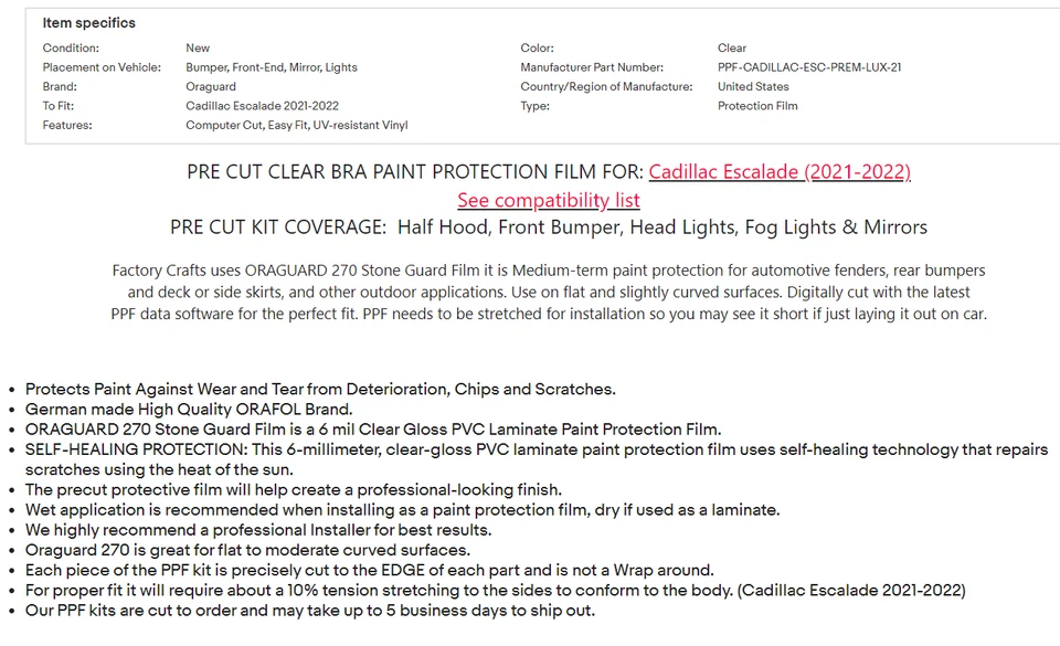 Stone Guard Paint Protection Film Clear Bra PPF For Cadillac Escalade 21-22 FH - Image 4 of 4