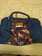 J Francis vegan large blue and gold handbag