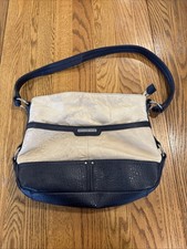Stone Mountain Leather Navy Beige Shoulder Bag Purse W/Zipper Close, Strap