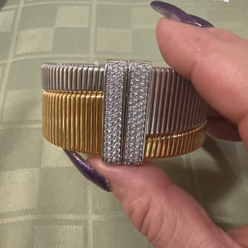 Bronzo Italia Diamonique Tubogas Cuff Bracelet Size L In Yellow/White - Picture 6 of 6