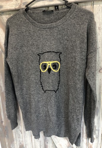 Owl In Eyeglasses Gray 100% Cashmere Sweater Bookish Preppy Librarian Aqua Large - Picture 13 of 14