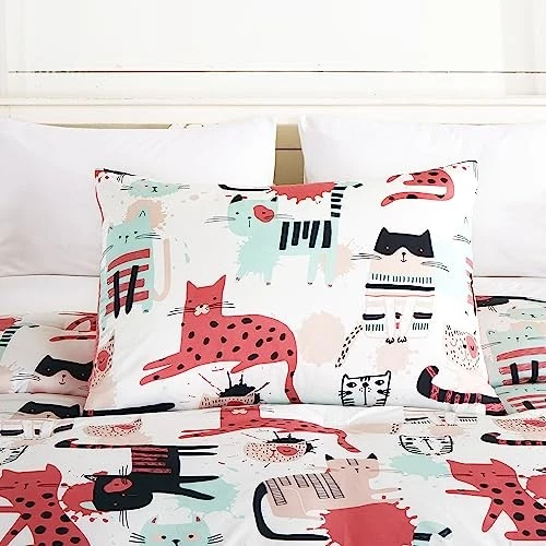 Conjunto de Cama 4 Peças Gatos Desenhos Animados Tamanho - Azul Completo/Azul Rainha/Rosa/Preto Gato - Imagem 4 de 4