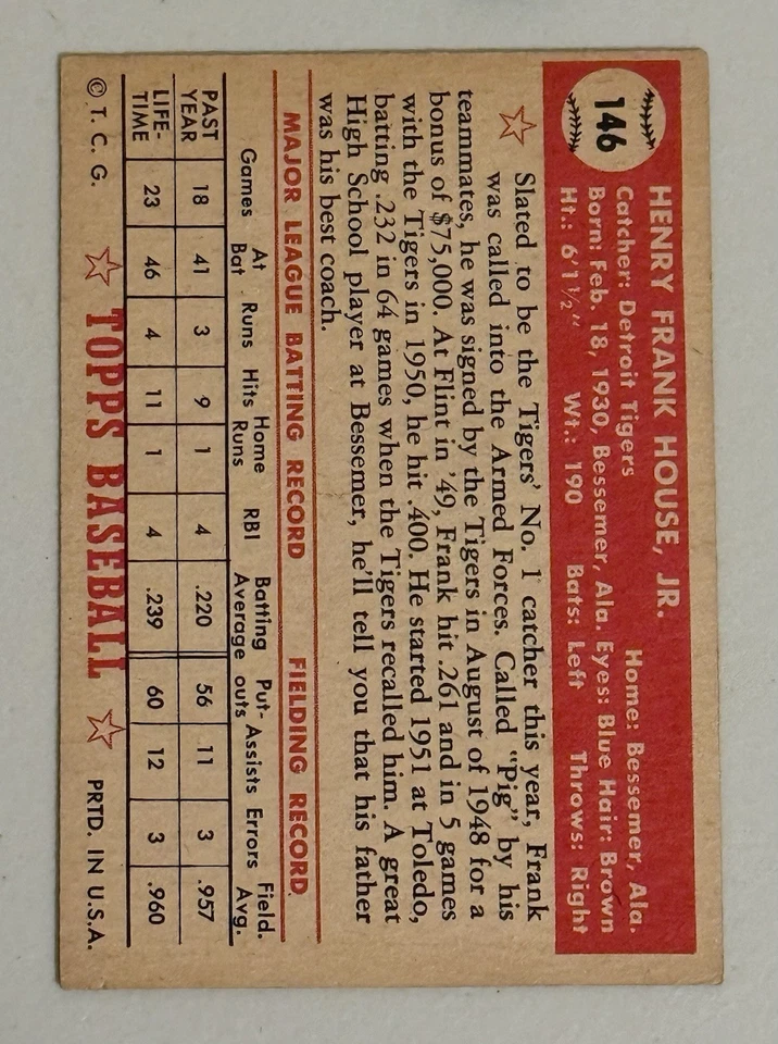 1952 Topps Baseball Frank House #146 Yellow Tiger Variation Detroit Tigers - Image 4 of 4