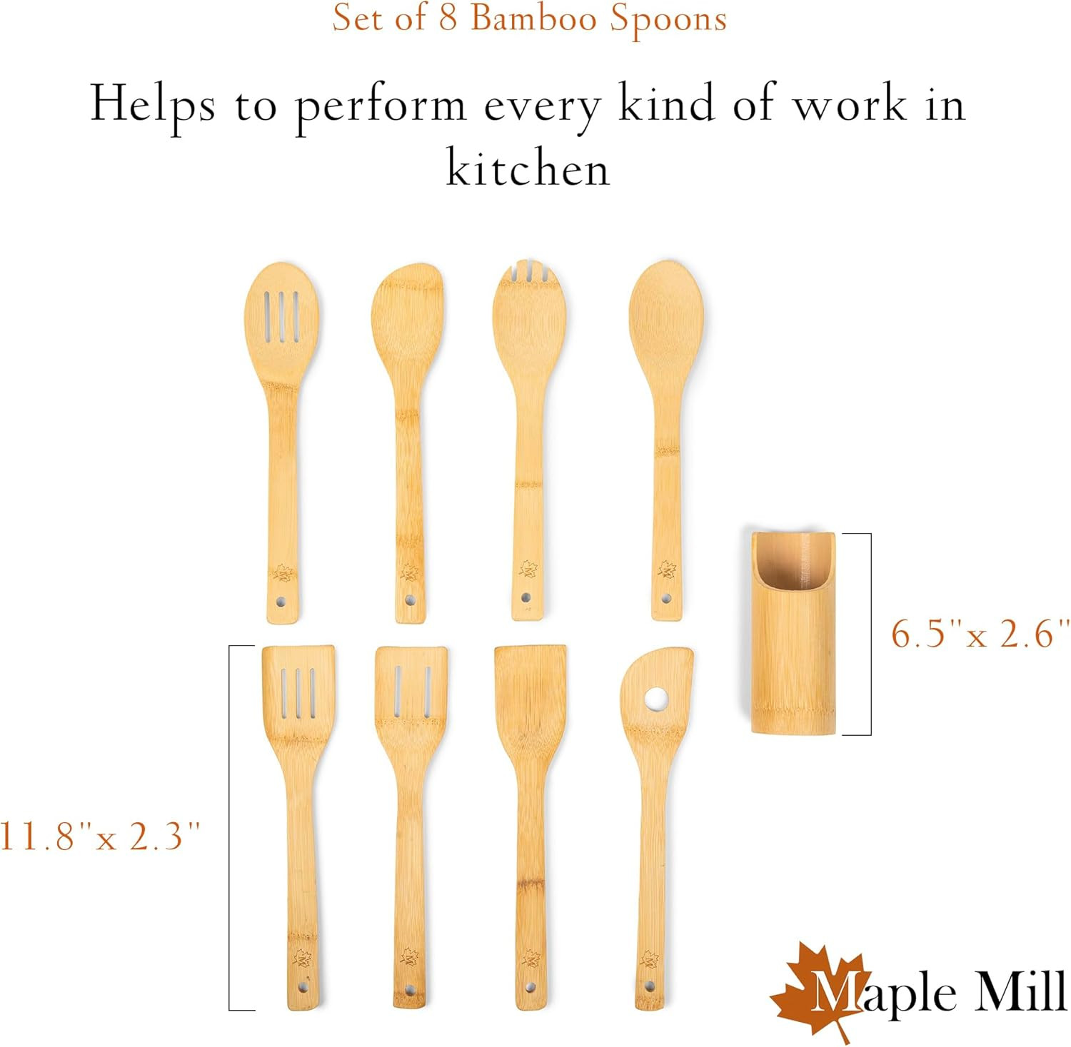 Bamboo Spoons for Cooking - Set of 8 Spoons with Holder - Wooden Cooking Spoo...