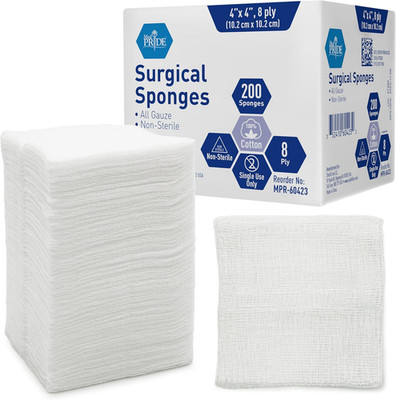 Surgical Sponges 200 Pack 4'' X 4'', 8 Ply -Gauze Pads Non Sterile -First Aid Wo