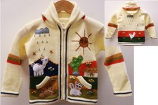Peru Kinder Strickjacke cremeweiß Gr. 98*104, Kapuze Bauernhof Zoo Tiere 6CW1