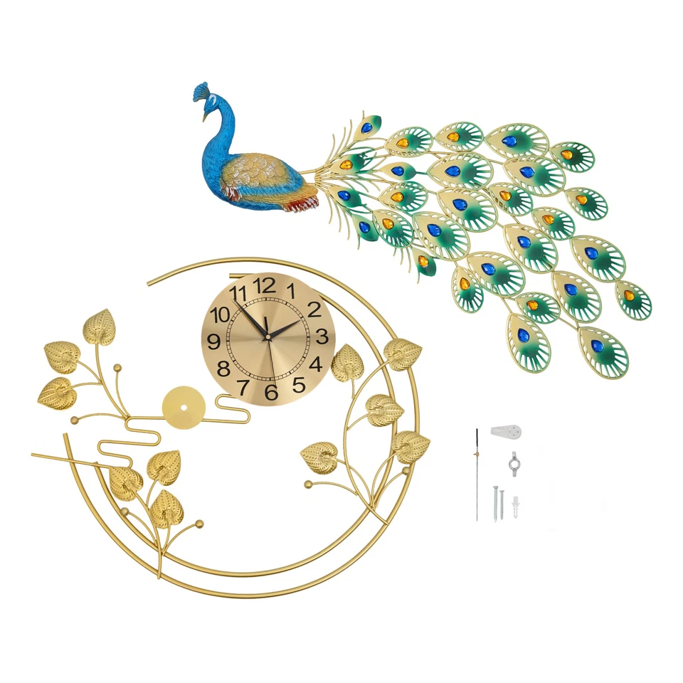 36.6" Luxury Peacock Large Wall Clock 3D Metal Living Room Wall Watch Decor USA - Image 4 of 4