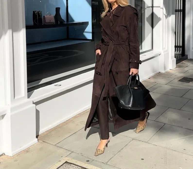 Women Double Breasted Brown Long Fallout Military Classic Suede