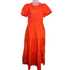 Quince Orange Organic Cotton Smocked Waist Summer Gown Tiered Maxi Dress Women M