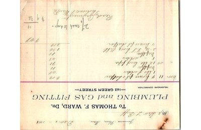 1901 Plumbing Invoice Thomas F Ward Dr Gas Fitter Green St