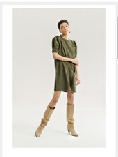 Corduroy Mini Dress with Puff Sleeves Khaki Medium
