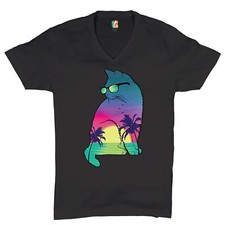 Neon Cat in Sunglasses V-Neck T-shirt Tropic Kitten Summer Beach Kitty Tee
