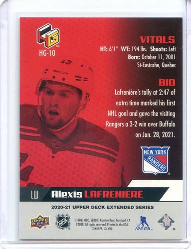 2020-21 Upper Deck Extended Series ALEXIS LAFRENIERE RC #HG-10 HoloGrFx Rookies - Picture 2 of 2