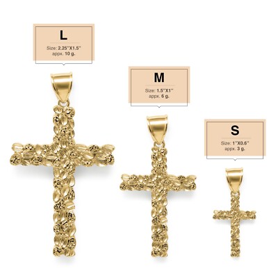 Mens 14K Gold Plated Solid 925 Sterling Silver Nugget Cross Pendant Crucifix