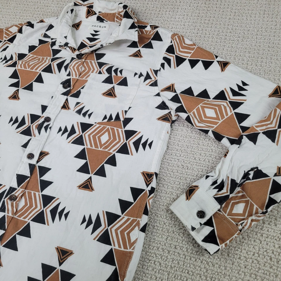 Camisa Pacsun Para Hombre Pequeña Blanca Marrón Nativa Azteca Manga Larga Algodón con Botones Foto 2 de 4