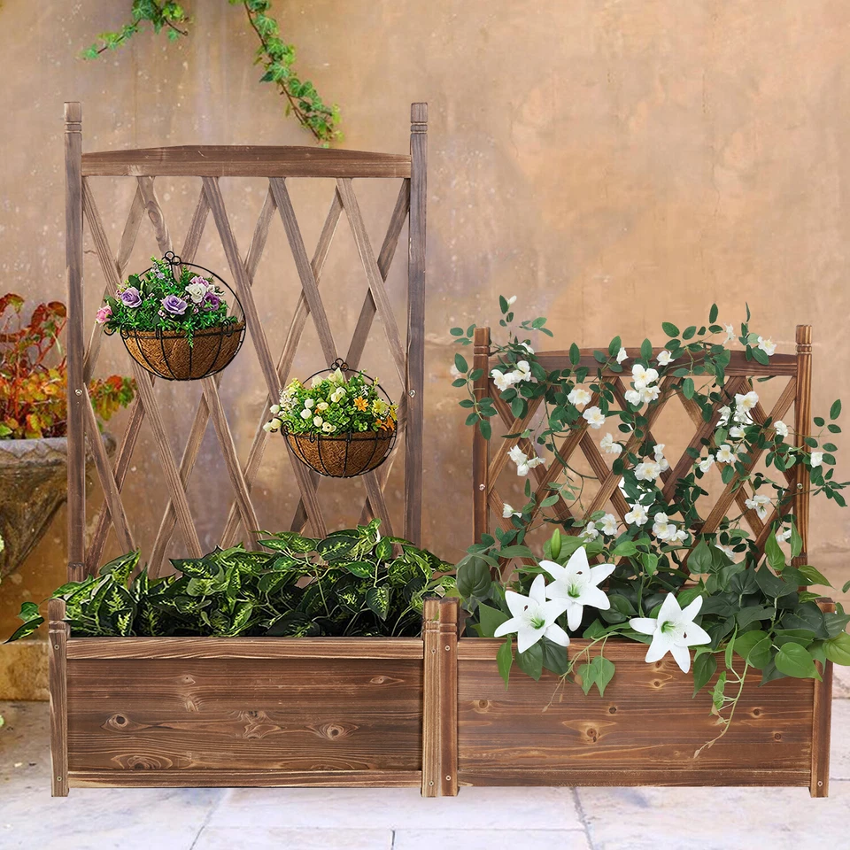Wooden Flower Planter Stand with Plant Climbing Trellis Shelf for Garden Outdoor - Image 3 of 4