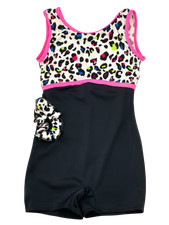 NWT Balera Gymnastics Unitard Leopard, Scrunchie, Acro Camp Girls Med Size 10-12