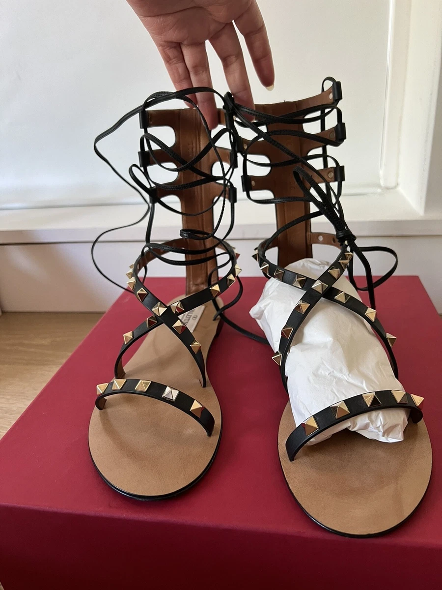 eksegese Kviksølv Skrivemaskine AUTH VALENTINO BLACK ROCKSTUD LEATHER GLADIATOR SANDALS SHOES 36 | eBay