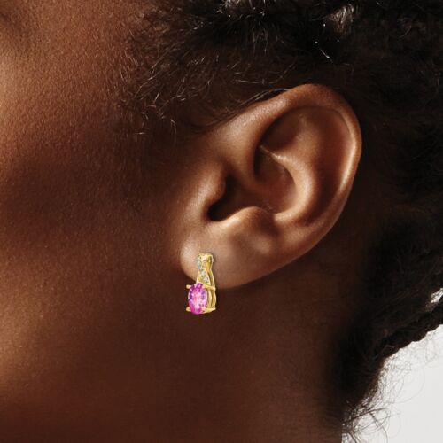 14k Yellow Gold Lab-Created Pink Sapphire and Diamond Earrings - Picture 3 of 7