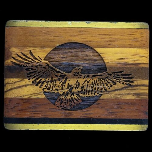 Vtg Eagle Bird Art Artwork Hippie Western Cowgirl Gift Wood Brass Belt Buckle - Zdjęcie 1 z 2