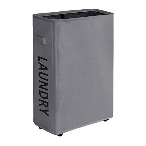 Slim Foldable Grey Laundry Hamper with Wheels for Dirty Clothes-image