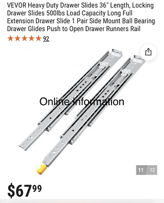 1 pair Vevor 36  Soft Close 500lb Capacity Drawer Smooth Slides