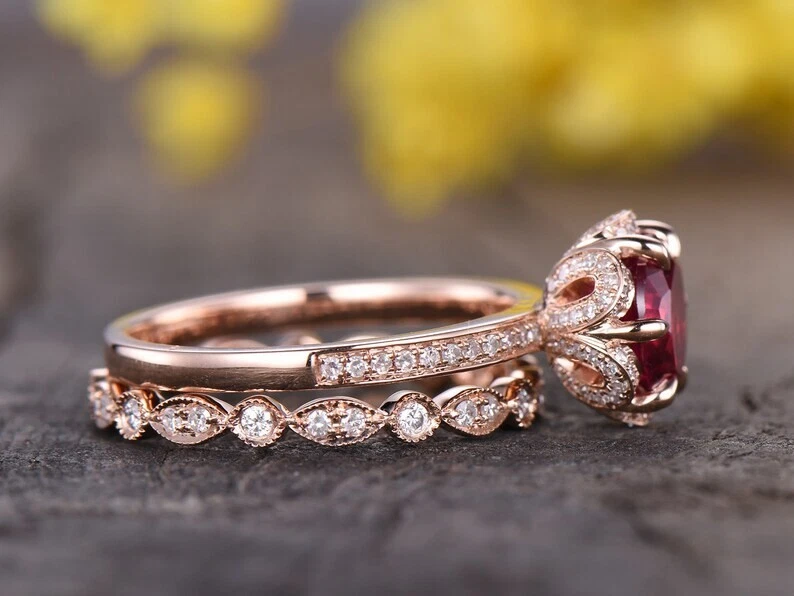 Rose Gold Plated 925 Silver Round Cut Ruby Vintage Engagement Ring Set for Her - Image 3 of 3