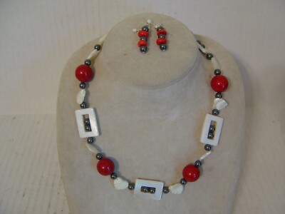 HAND CRAFTED NECKLACE WITH WHITE BLACK AND RED GLASS BEADS MATCHING EARRINGS