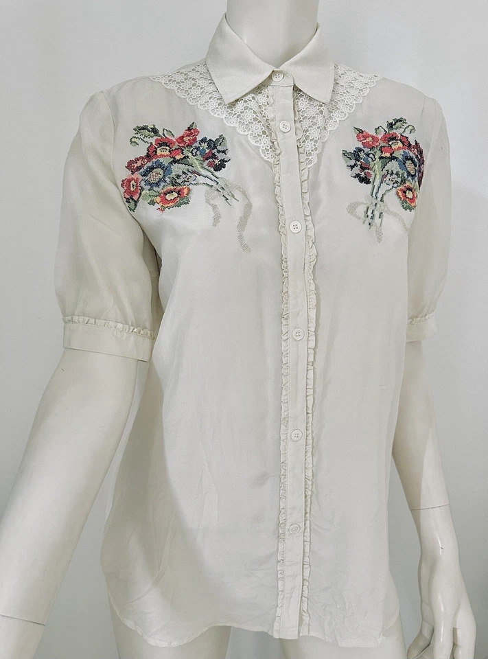 LOVE MOSCHINO Blusa Top de Seda Pura Camisa Manga Abullonada Bordado Floral IT40-S-8 Foto 2 de 4