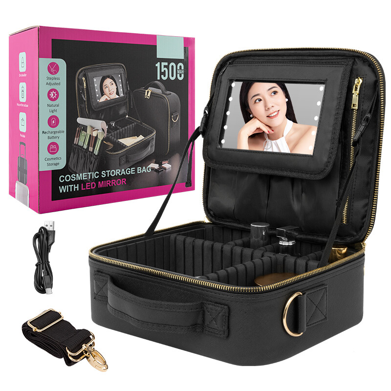Cosmestic MAKEUP BAG LED Light Mirror Waterproof Travel Gold Handle Strap  Bag