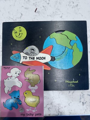 VTG Playskool 155AN-14 My Baby Pets & To The Moon 330-14 Wood Jigsaw Puzzles BL