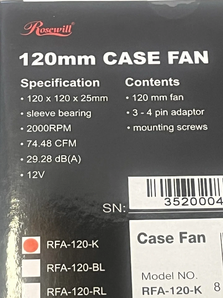 Rosewill RFA-120-K 120mm 12V Case Fan (Color Black) New - Image 3 of 3
