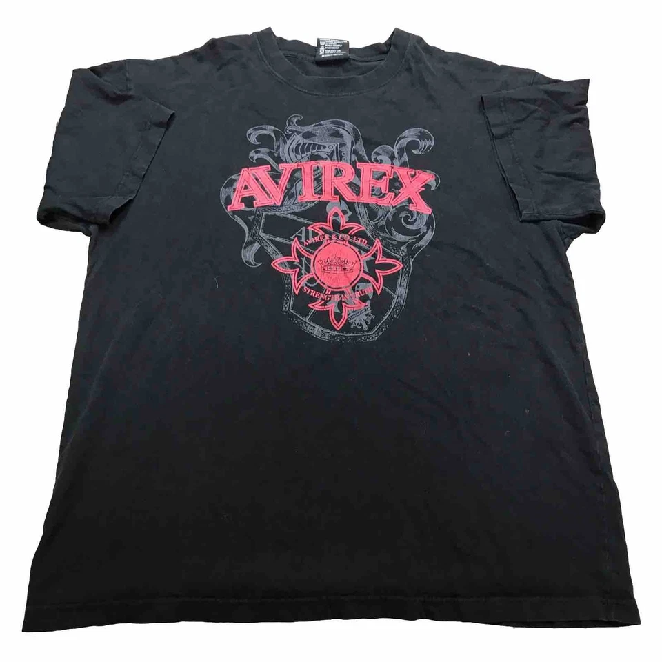 Vintage Avirex Y2K T Shirt Mens 2XL Black Silver Red Crest Gothic Style Cotton - Image 2 of 4