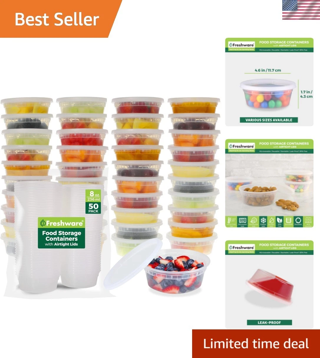 Food Storage Containers [50 Set] 8 oz Plastic Deli Containers with Lids, Slim...