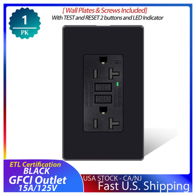 1x GREENCYCLE GFI Black Outlet 15A,Weather-Resistant TR Outlet,ETL Certification