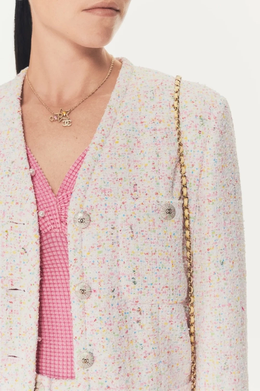 Autentica giacca tweed CHANEL 25P CC logo bottoni multicolore glitter FR 36