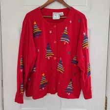 Vintage MICHAEL SIMON Size 2X Red Christmas Trees Cardigan Top Embroidered