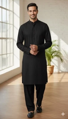 Shalwar Kameez Herren Plain Ban Kragen schwarz gutes Material Größen S,M,L/XL - Bild 1 von 4